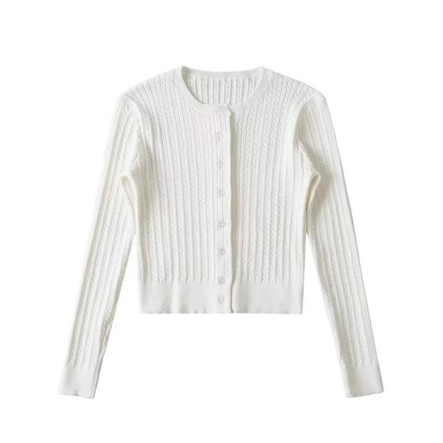 Round Neck Plain Cable Knit Cardigan Product Image