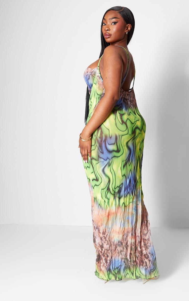 Plus Green Printed Crinkle Mesh Cowl Neck Maxi Dress Product Image