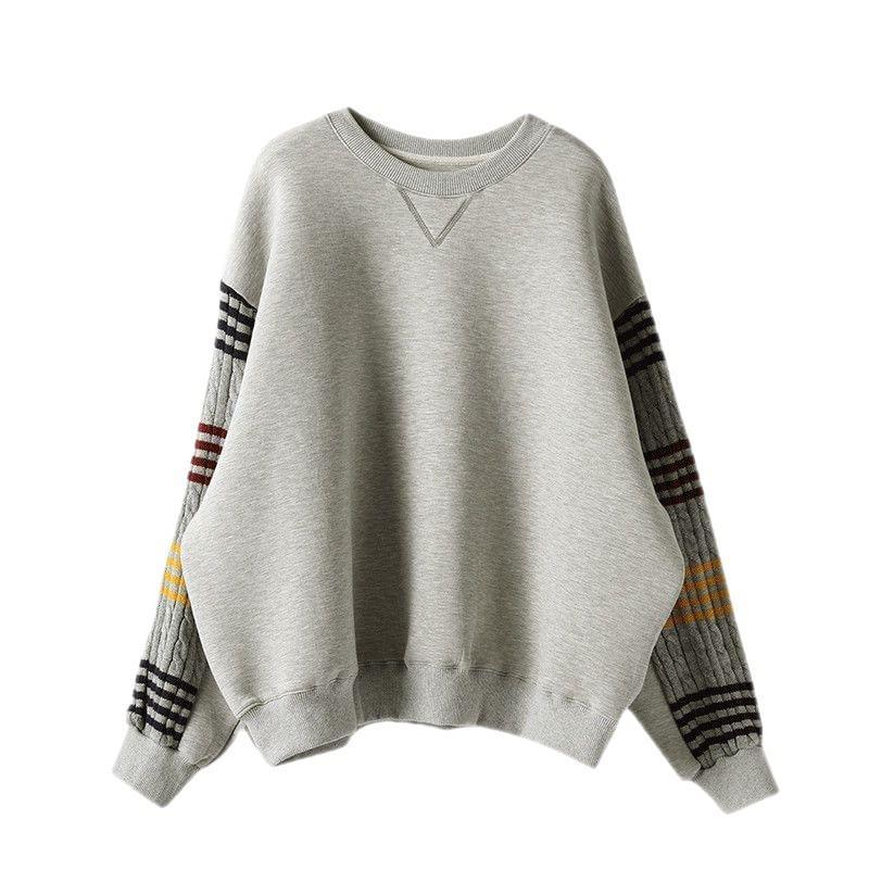 Round Neck Striped Panel Cable Knit Pullover Product Image