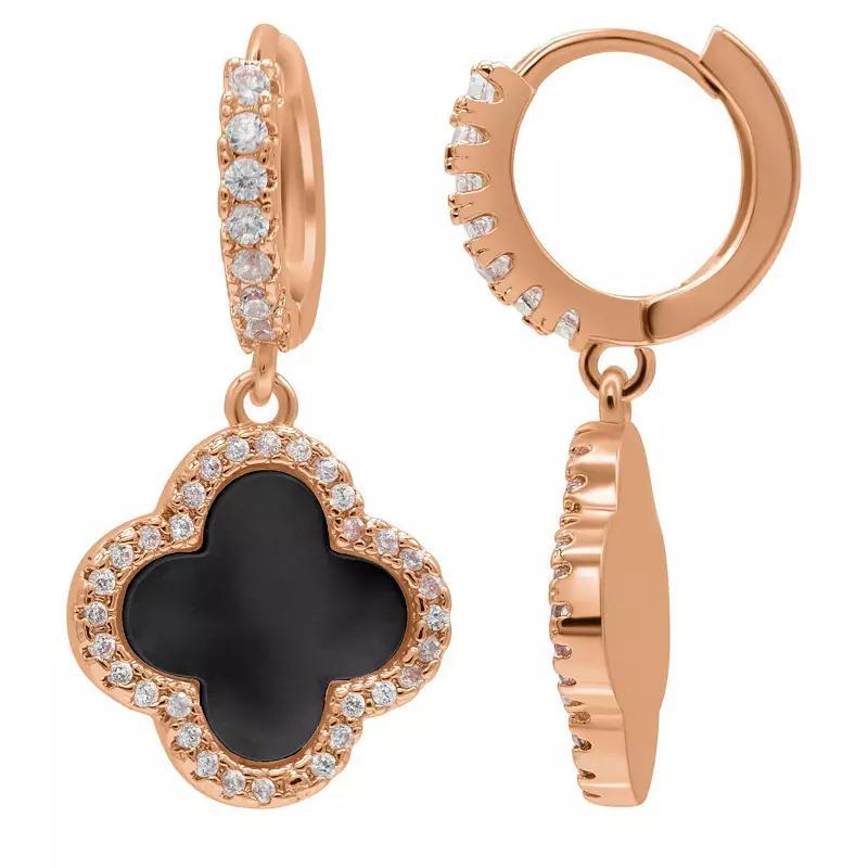 Adornia 14k Gold Plated Crystal Halo Clover Dangle Huggie Earrings, Womens, Rose Tone Black Product Image