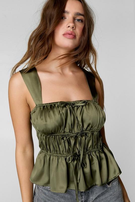 Satin Ruched Tie Front Peplum Cami Top Product Image