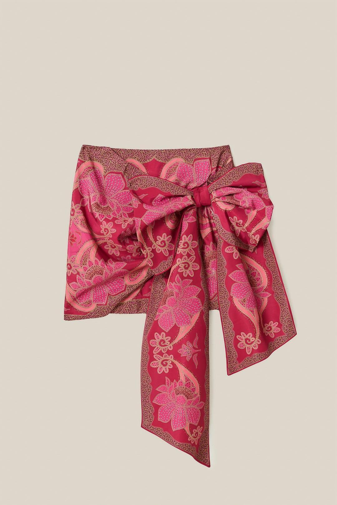 Red Floral Glam Scarf Tie Gathering Mini Skirt, FLORAL GLAM SCARF RED / XXS Product Image