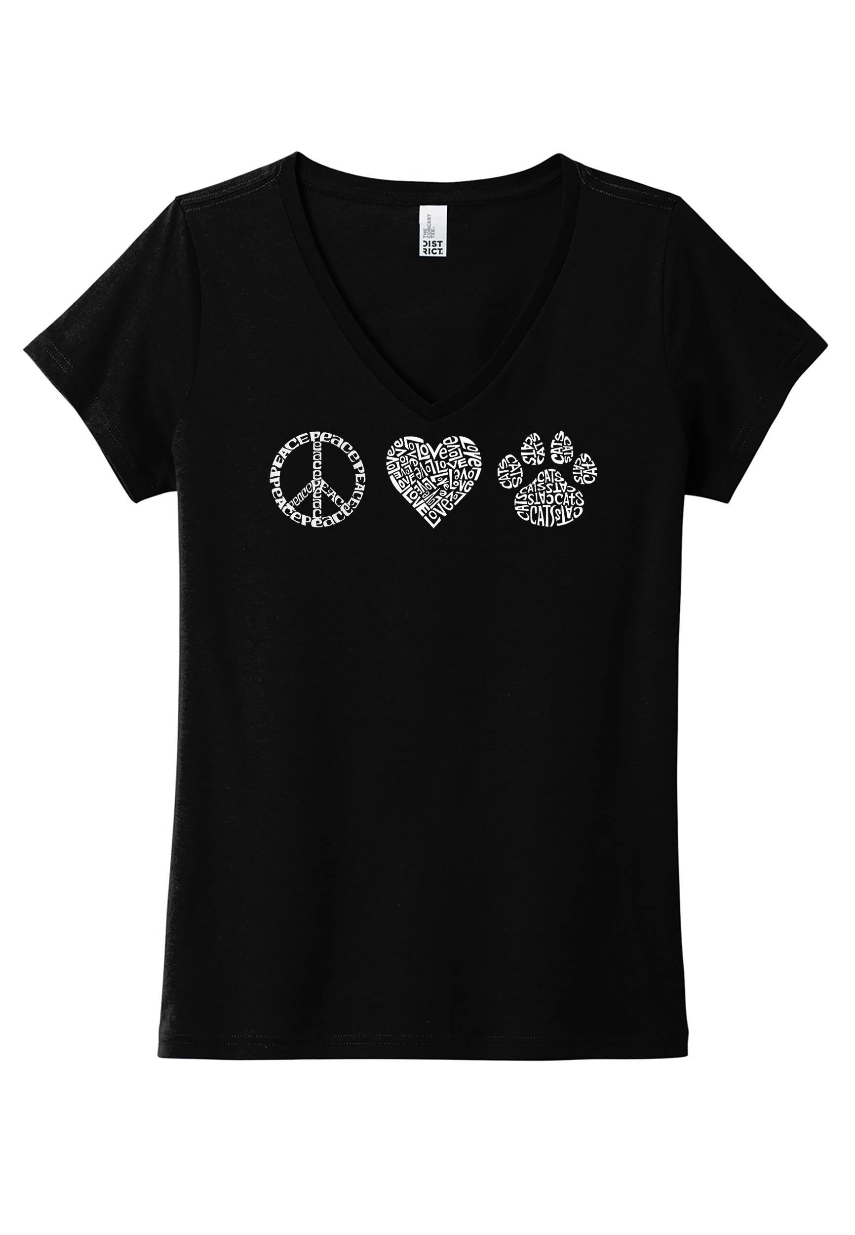 LA Pop Art Women's Peace Love Cats Word Art V-Neck Tee Product Image