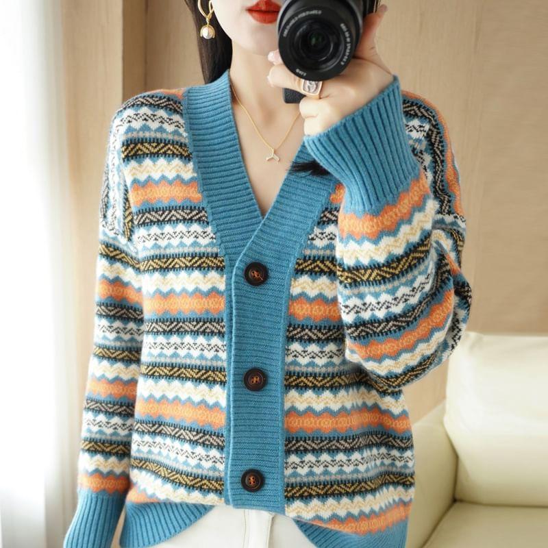 V-Neck Pattern Button-Up Cardigan Product Image