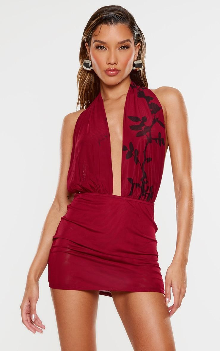 Burgundy Flower Printed Mesh Extreme Plunge Bodycon Dress Product Image