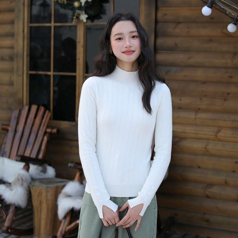 Long-Sleeve Mock Neck Plain Ribbed Knit Top Product Image