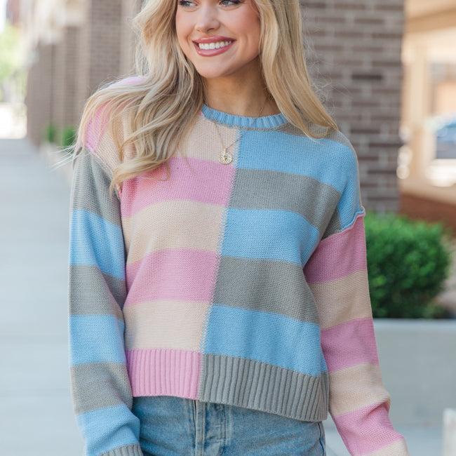 Take Your Time Mauve and Sage Color Block Striped Crop Sweater Product Image