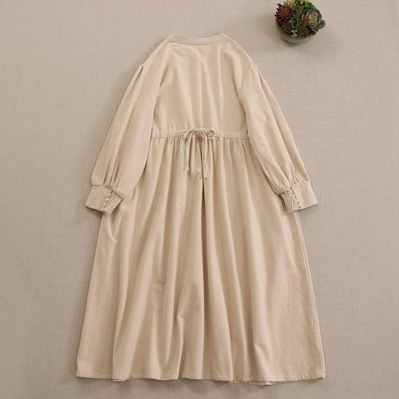 Puff-Sleeve Henley Plain Midi Smock Dress Product Image