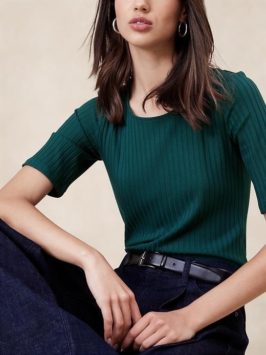 Wide-Ribbed Elbow-Sleeve Top Product Image