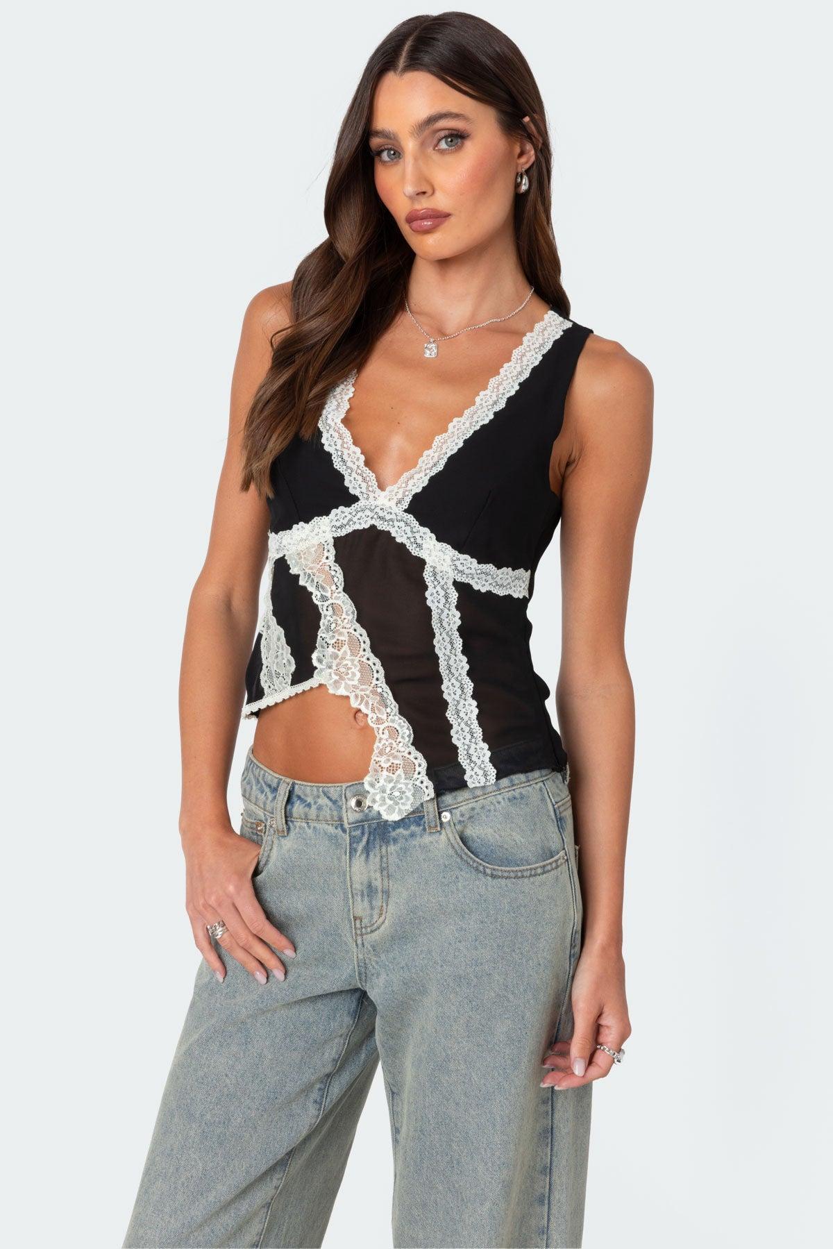 Chiffon & Lace Sheer Asymmetric Top Product Image