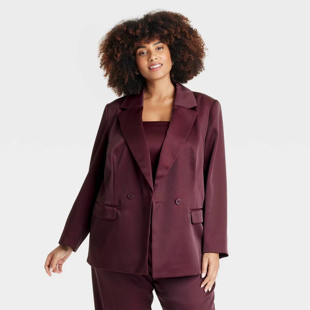 Womens Structured Satin Blazer - A New Day Burgundy XXL product image