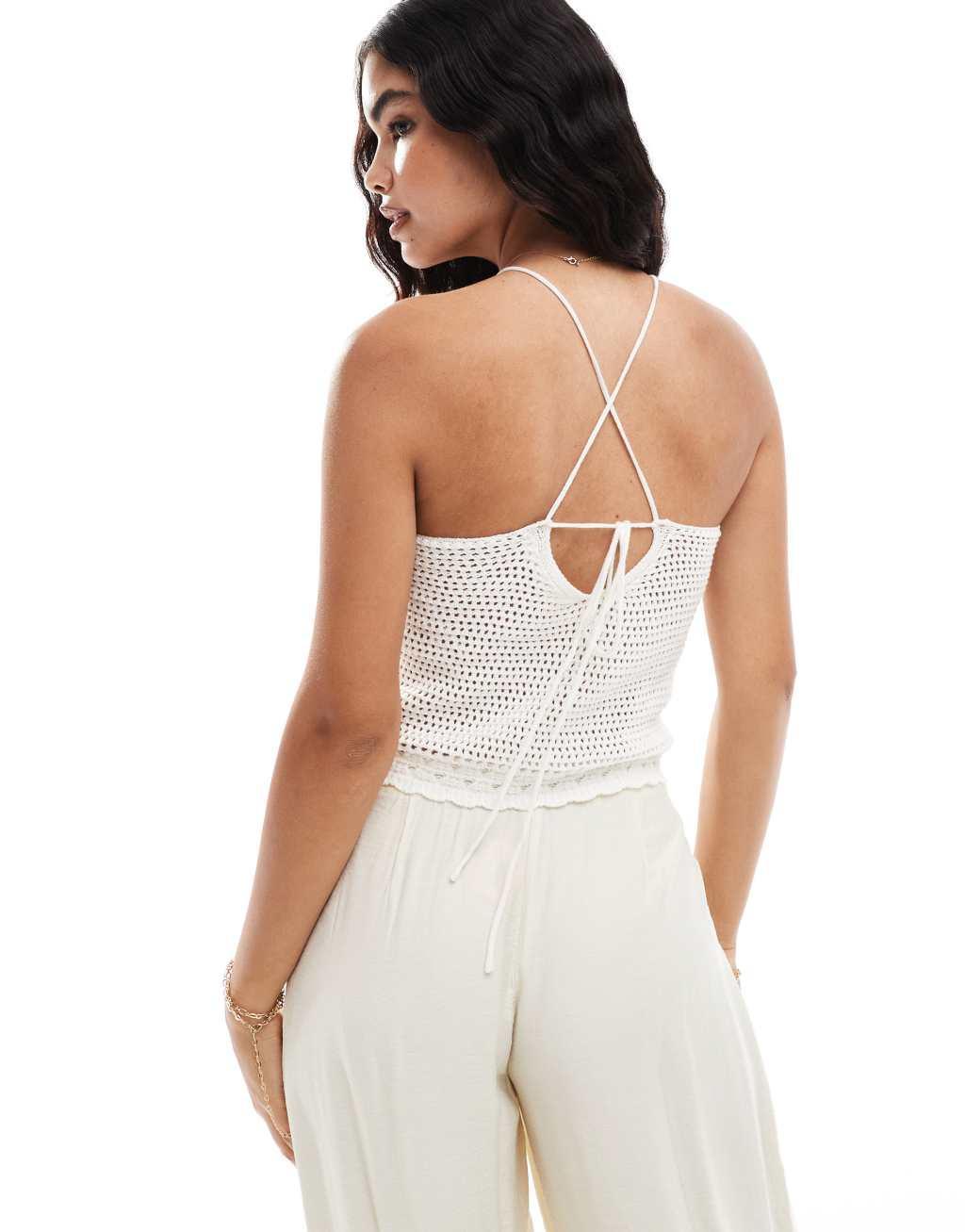 Mango knit halter crochet top in white Product Image