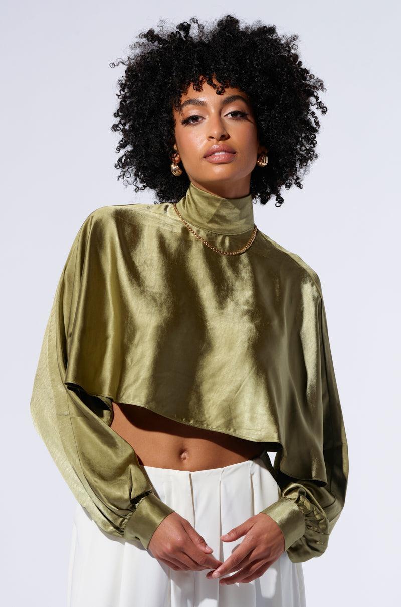 SATIN MOCK NECK BLOUSE IN OLIVE Product Image