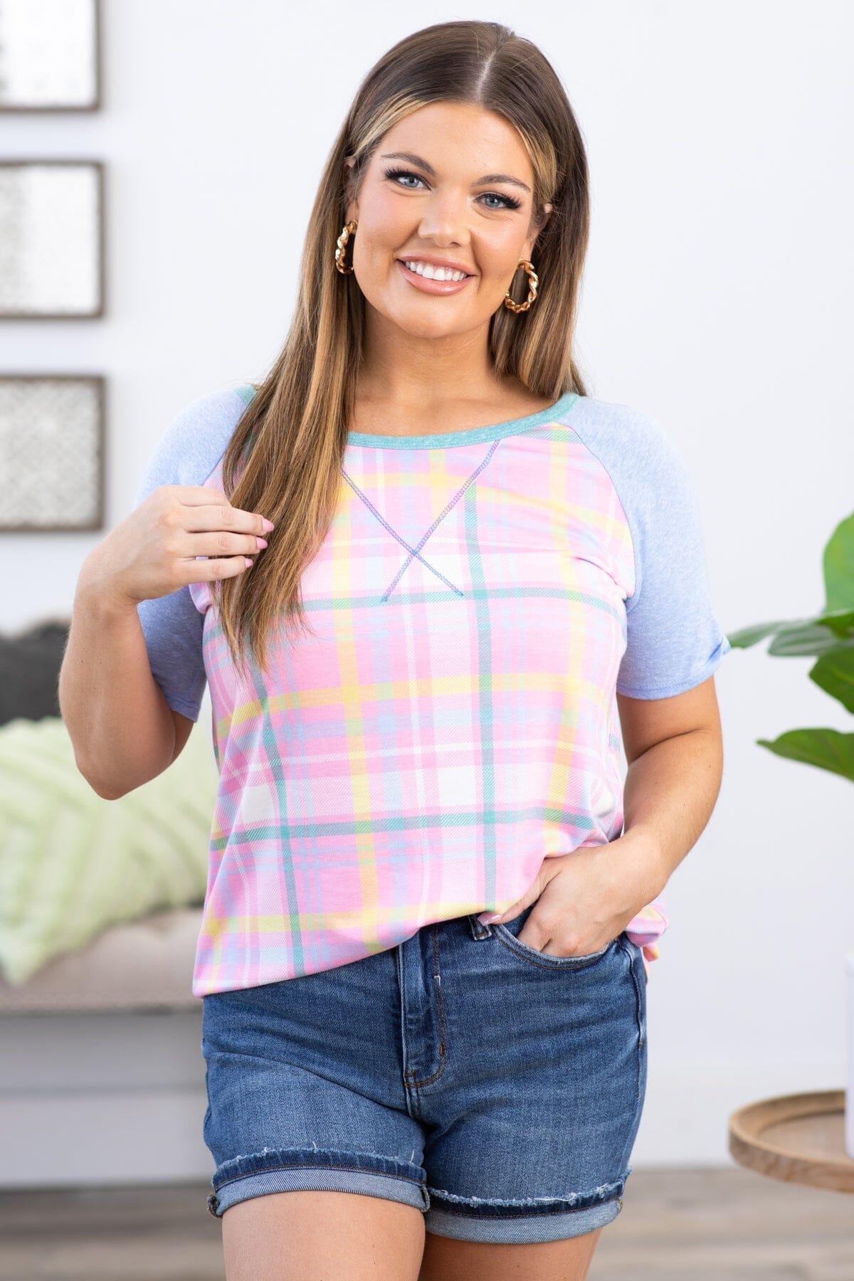 Blush and Pastel Blue Plaid Raglan Sleeve Top Product Image