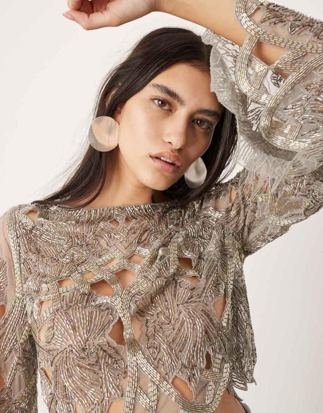 ASOS EDITION cut work nouveau floral embellished long sleeve top Product Image