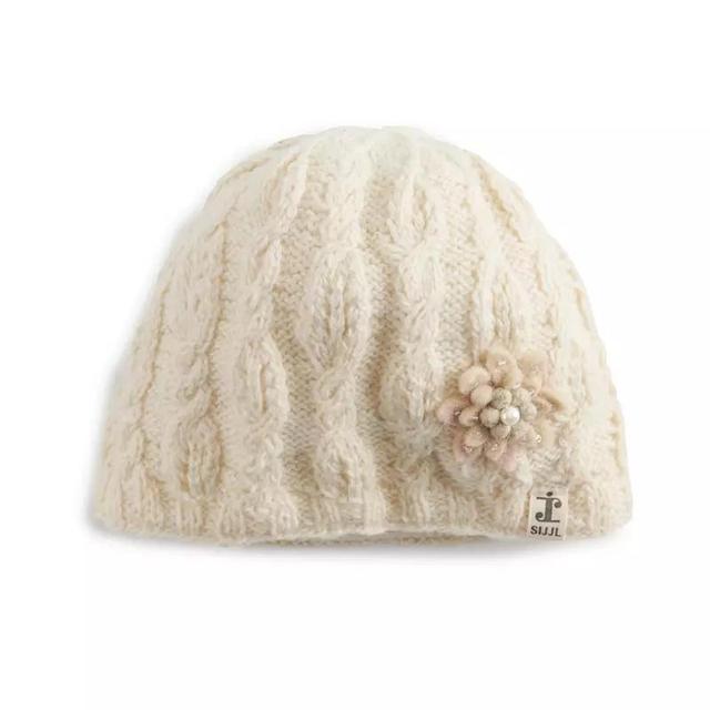 Womens SIJJL Soft Knit Floral Accent Beanie Product Image