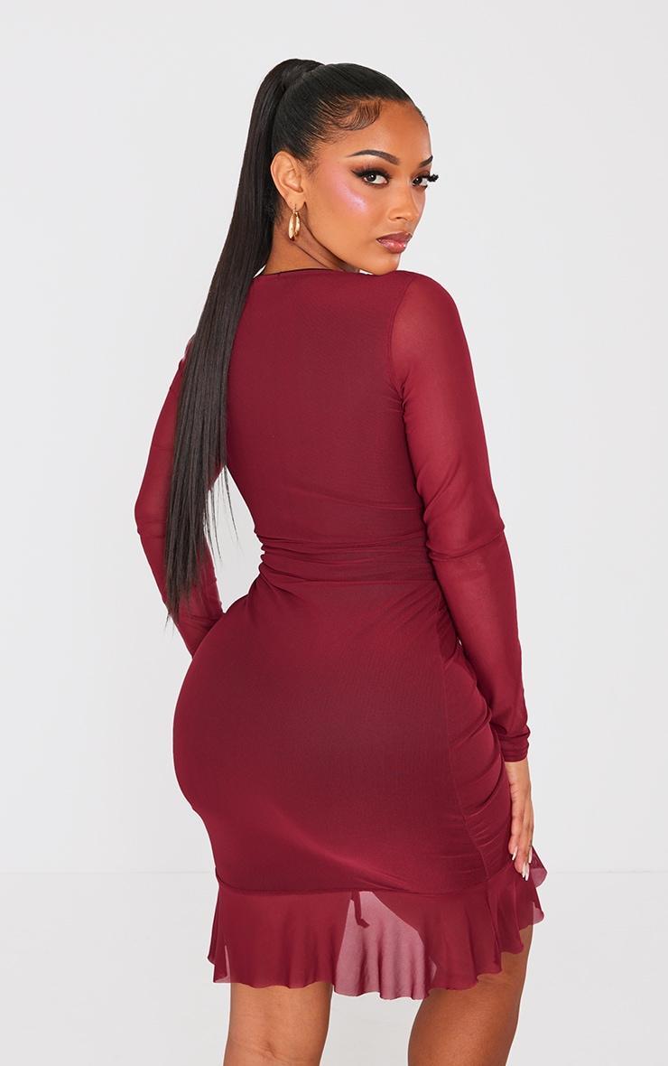 Shape Burgundy Mesh Long Sleeve Ruched Side Frill Hem Bodycon Dress Product Image