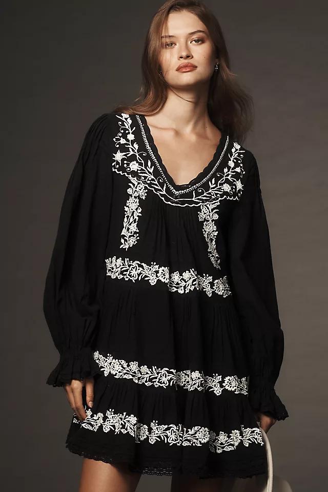 By Anthropologie Long-Sleeve Embroidered Pintuck Swing Mini Dress Product Image