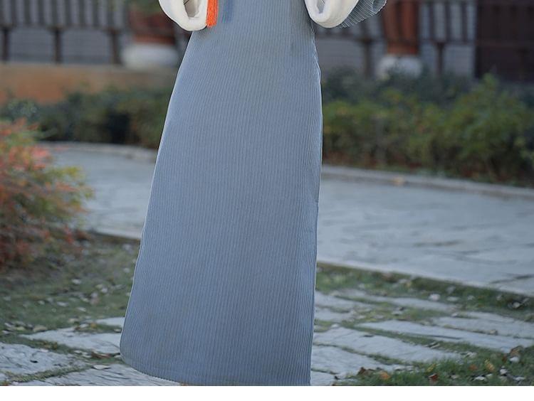 Long-Sleeve Stand Collar Corduroy Midi A-Line Dress Product Image