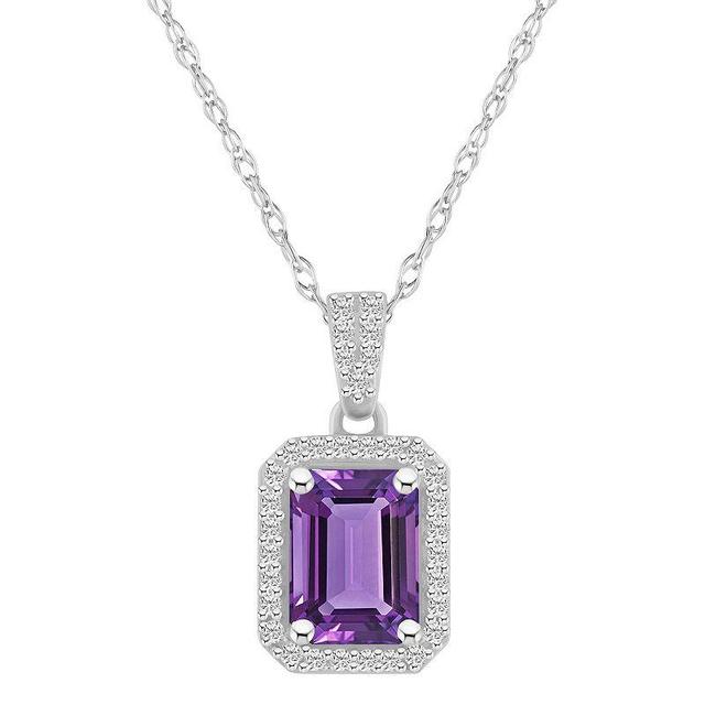 Celebration Gems 10k White Gold Emerald Cut Gemstone & Lab-Created White Sapphire Halo Pendant Necklace, Womens Purple Product Image