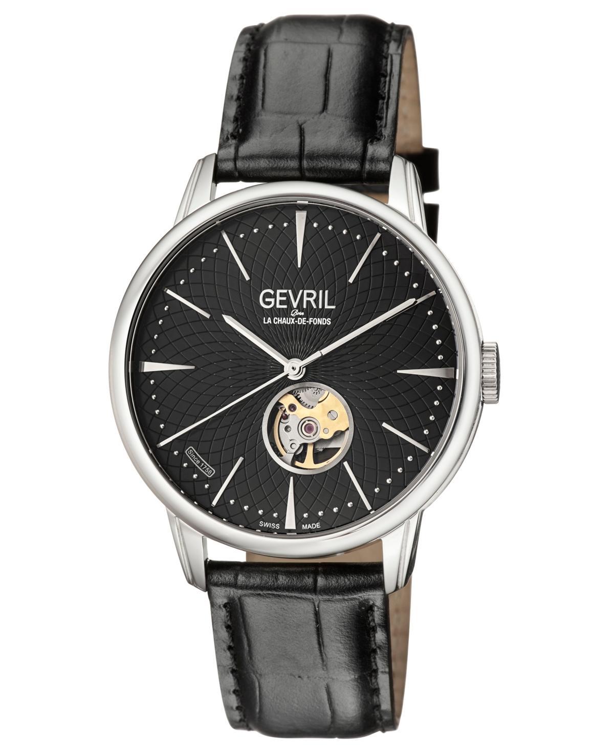 Gevril Mens Mulberry Swiss Automatic Black Leather Watch 42mm - Silver Product Image