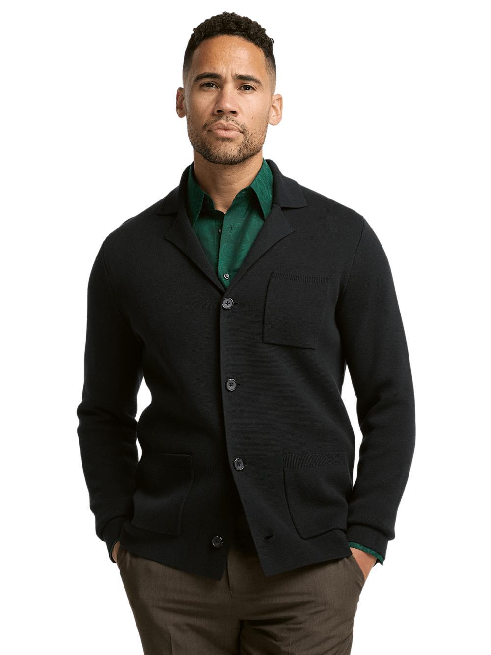 Cotton Notch Lapel Cardigan Sweater - Black Product Image