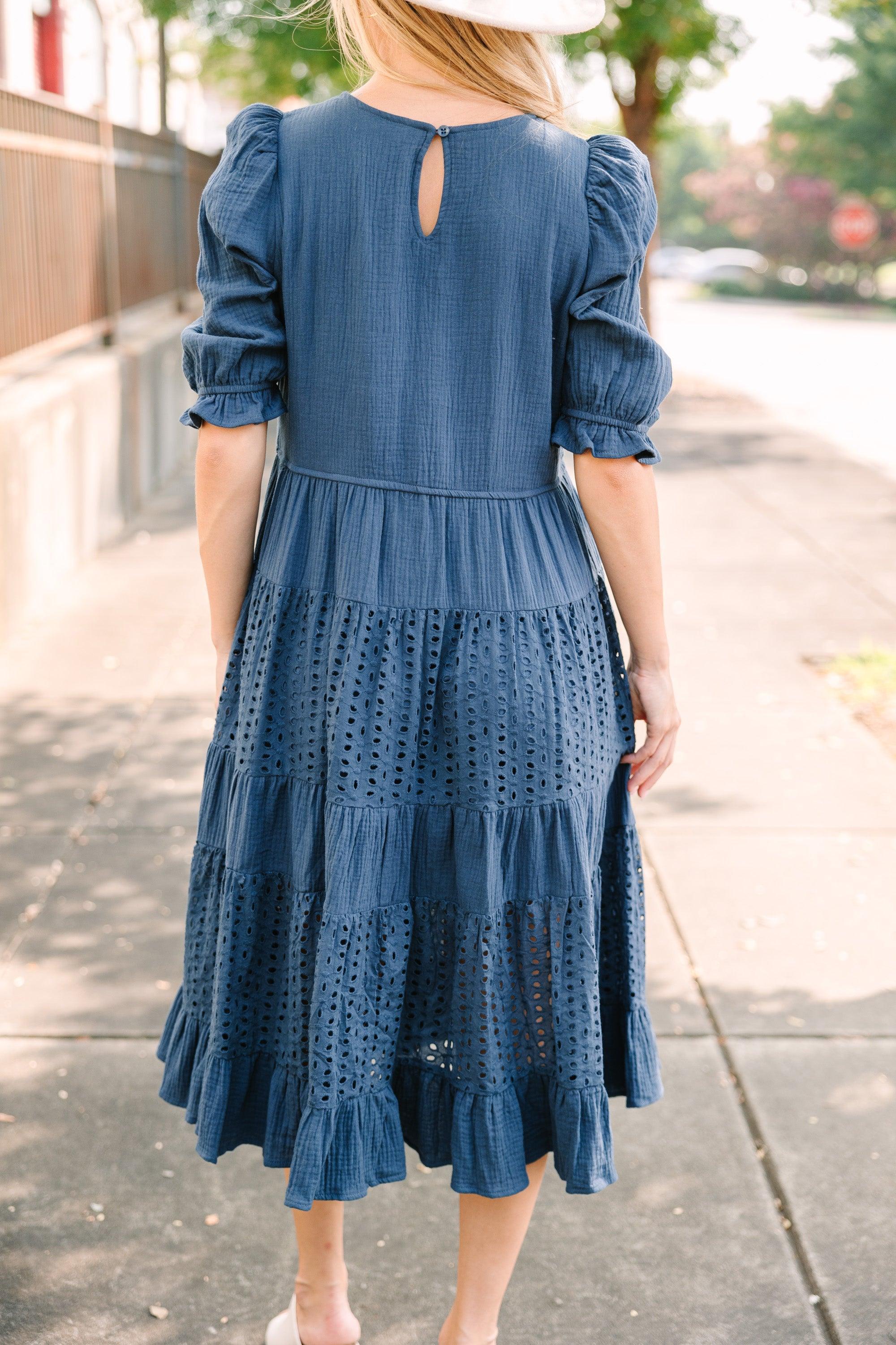 Making Moves Navy Blue Eyelet Midi Dress Female Product Image