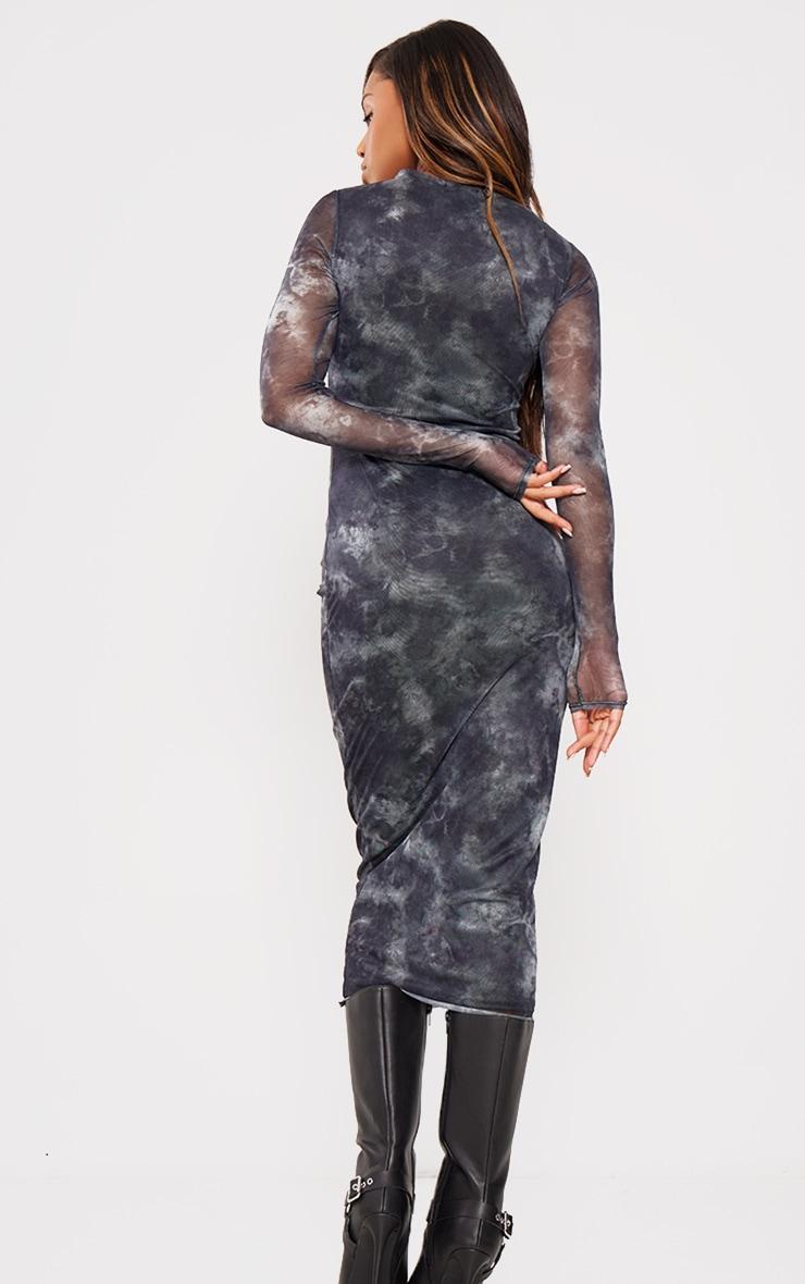 Charcoal Abstract Ruched Mesh Long Sleeve Midi Dress Product Image