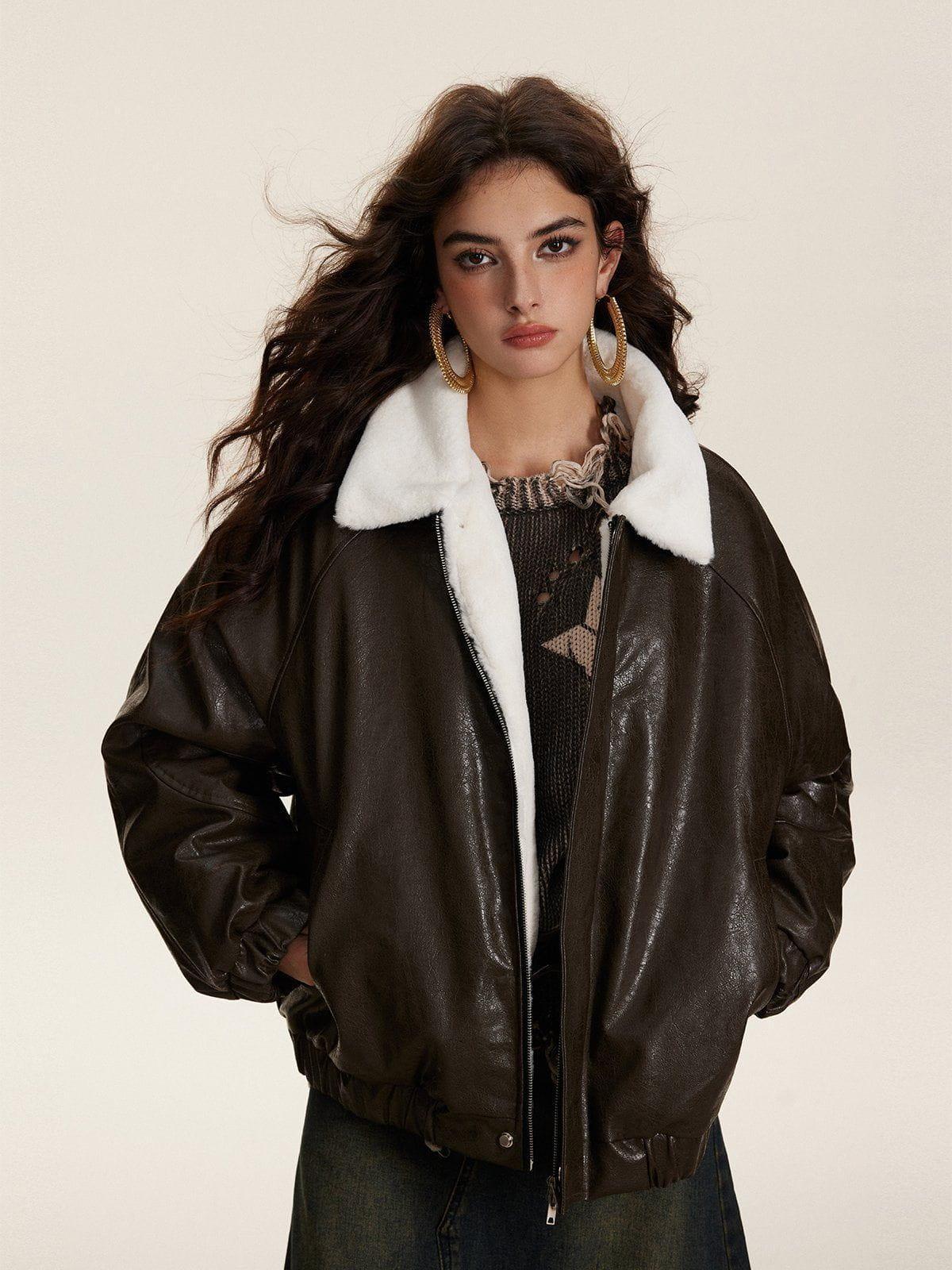 Fur Collar Faux Leather Bomber Jacket Female Product Image