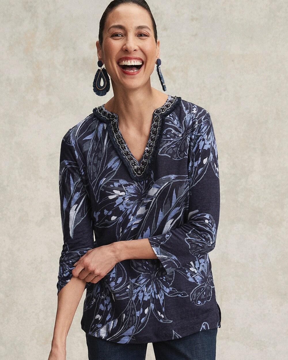 Women's Linen Floral Embellished Tunic Top Product Image