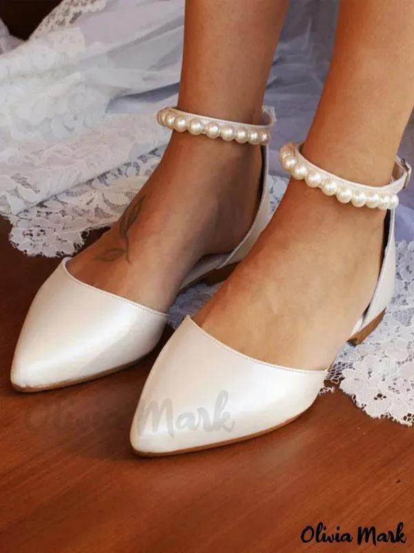 Olivia Mark – Elegant Ivory Bridal Shoes with Pointed Toe, Embellished with Pearls and featuring Ankle Strap for Weddings Product Image