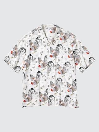 Mens Printed Open Collar Short-Sleeve Shirt (Ito-Jakuchu) Off White XL UNIQLO US Product Image