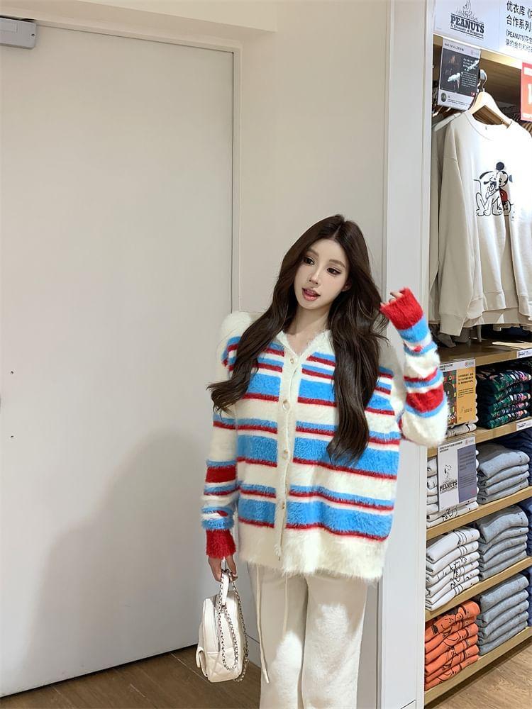 Color Block Hooded Button-Up Cardigan Product Image