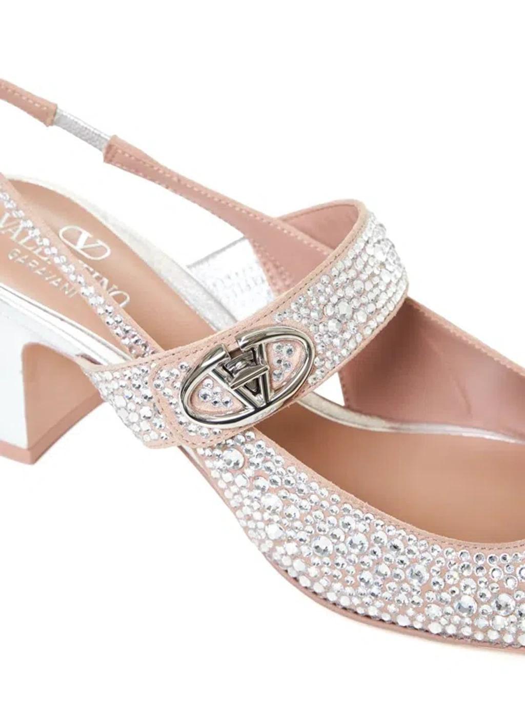 VALENTINO GARAVANI Vlogo Medallion Crystal Slingback Pumps In Silver Product Image