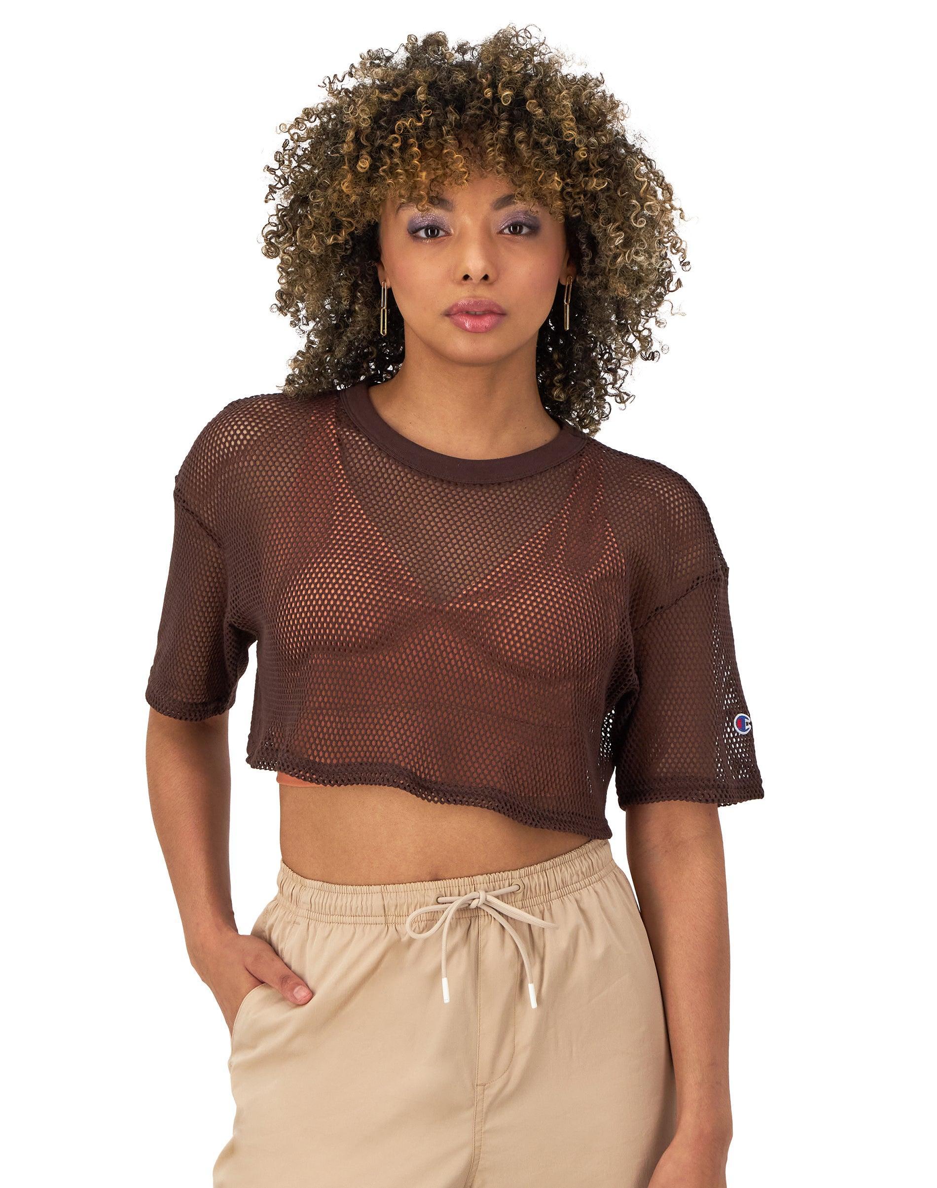 Womens Champion Mesh Shirt, Cropped, C Logo Frosted Plum L Product Image