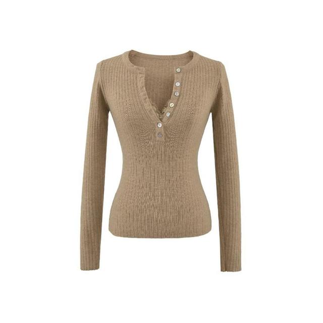 Long-Sleeve Plain Ribbed Henley Knit Top Product Image