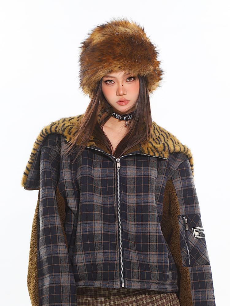 Collared Plaid Panel Fleece Zip Puffer Jacket Product Image