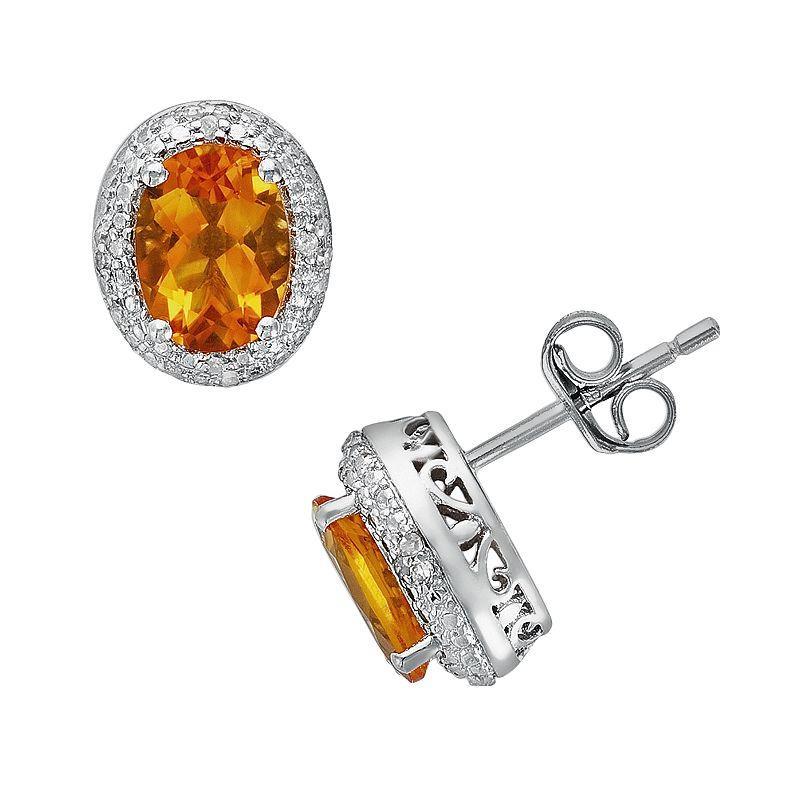 Sterling Silver Citrine and Diamond Accent Oval Frame Stud Earrings, Womens, Orange Product Image