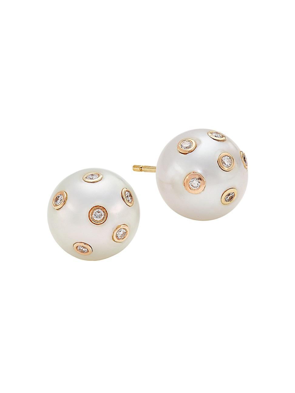 Womens 14K Gold, Diamond & Pearl Stud Earrings Product Image