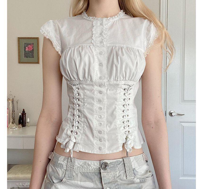 Cap-Sleeve Plain Lace-Up Cropped Slim Fit Blouse Product Image