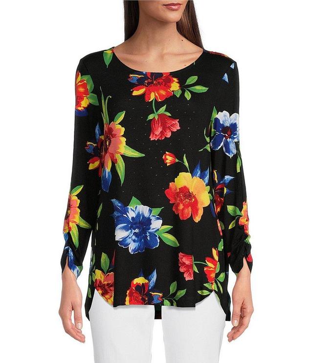 Ali Miles Knit Tropical Floral Print Round Neck High Low Hem Pullover Tunic Product Image