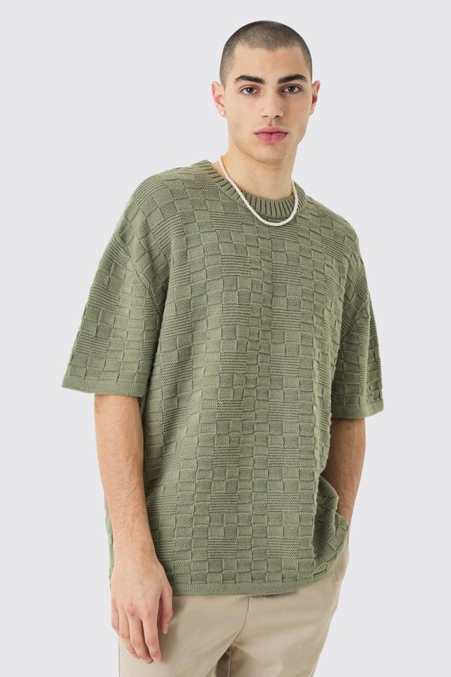 Oversized Textured Knit T-shirt In Khaki | boohooMAN USA Product Image