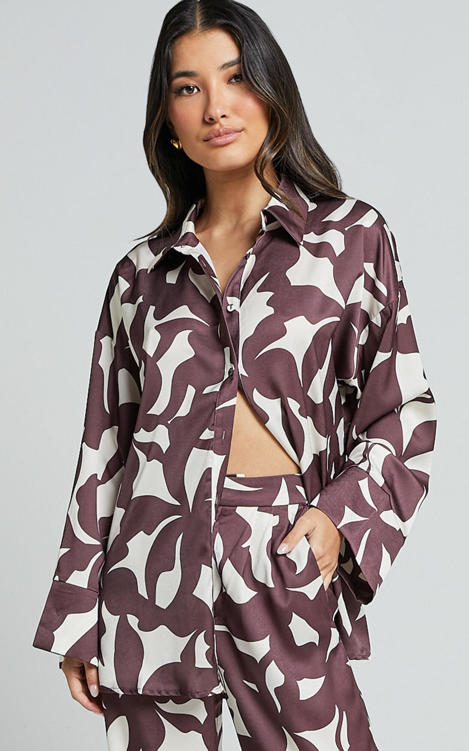 Janissa Shirt - Long Sleeve Satin Shirt in Brown Floral Product Image