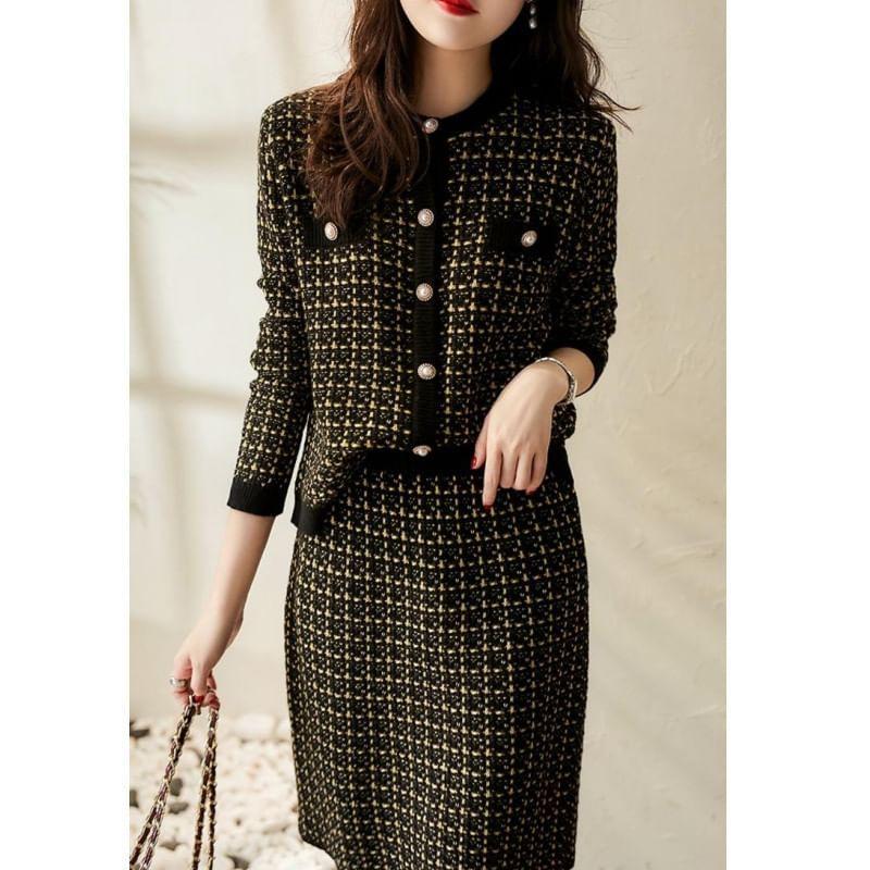 Set: Crew Neck Plaid Button Cardigan + High Rise Midi Pencil Skirt Product Image