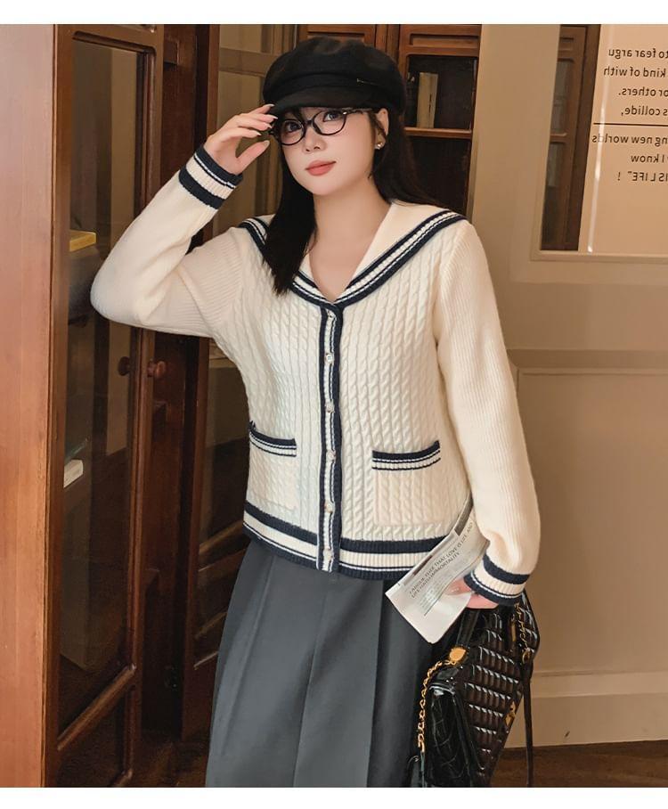 Sailor Collar Striped Cable Knit Cardigan Product Image