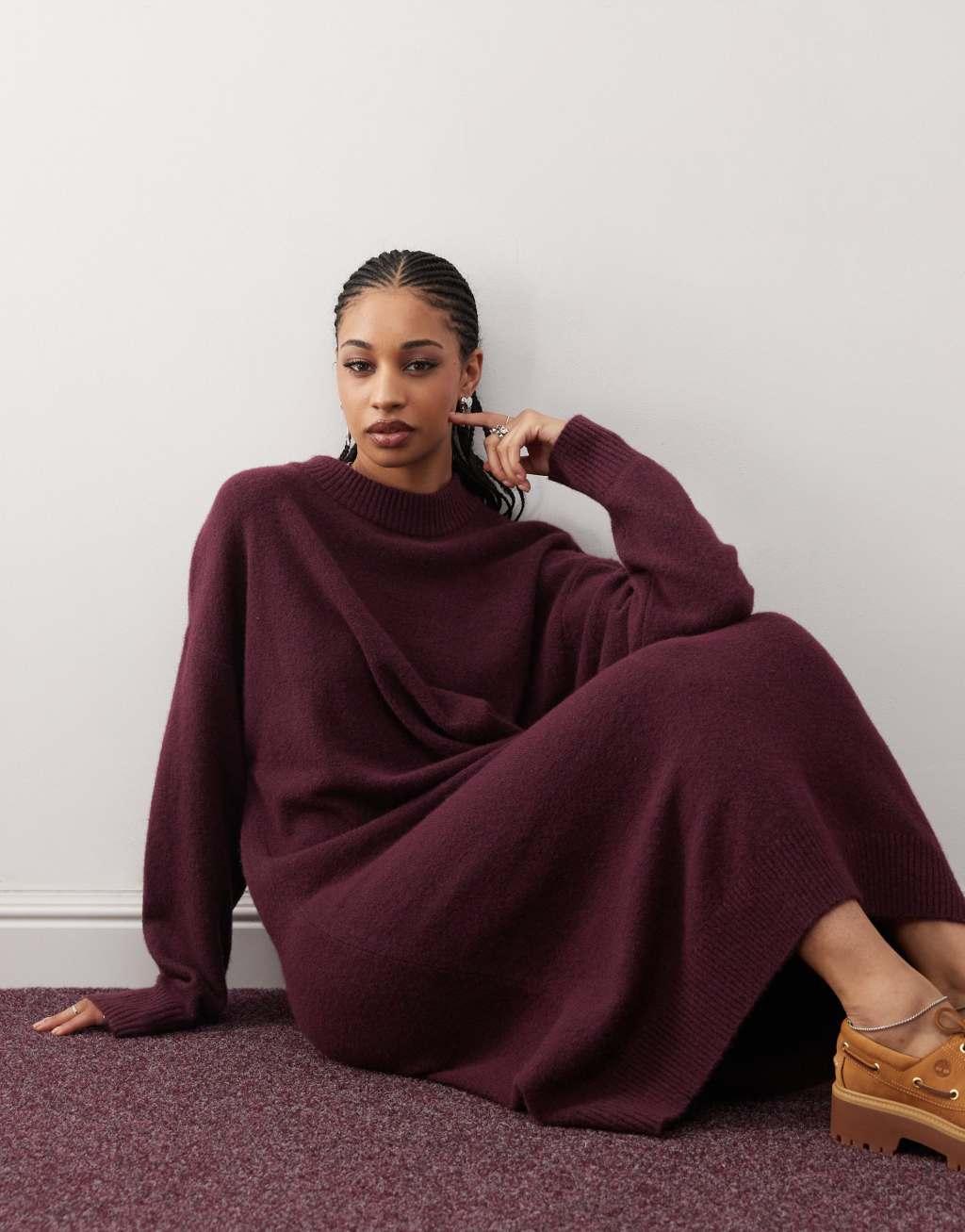 Monki long sleeve knit midi dress in burgundy Product Image