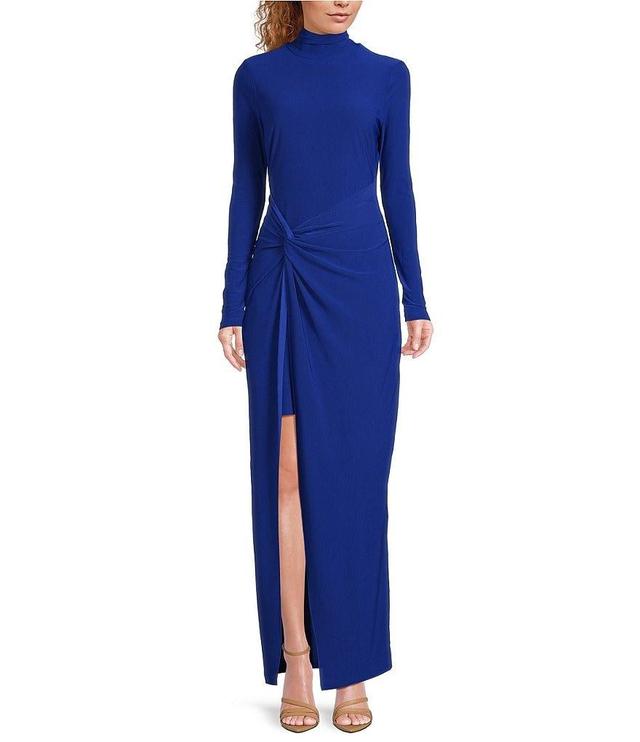 Belle by Badgley Mischka Hailey Jersey Knit Mock Neck Long Sleeve A-Line Front Slit Dress Product Image