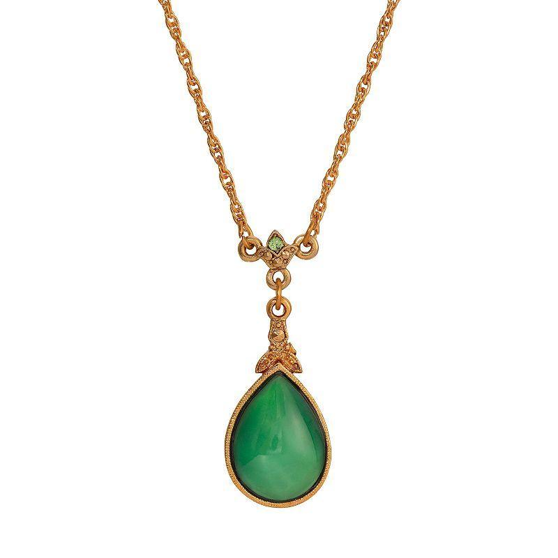 1928 14k Gold Tone Green Moonstone Glass Teardrop Pendant Necklace, Womens Product Image