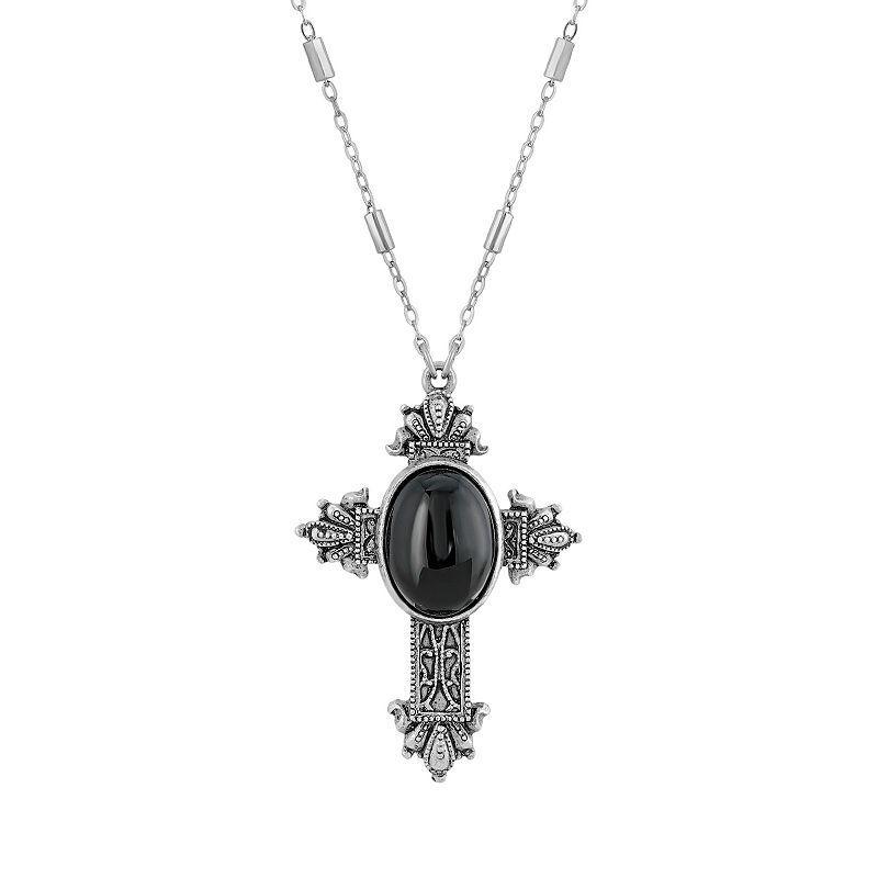 1928 Pewter Black Lace Cross Pendant Necklace Neckalce, Womens Product Image