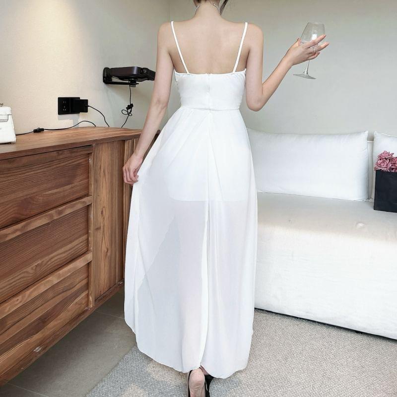 Spaghetti Strap Plain Ruffle Trim High Low A-Line Dress Product Image